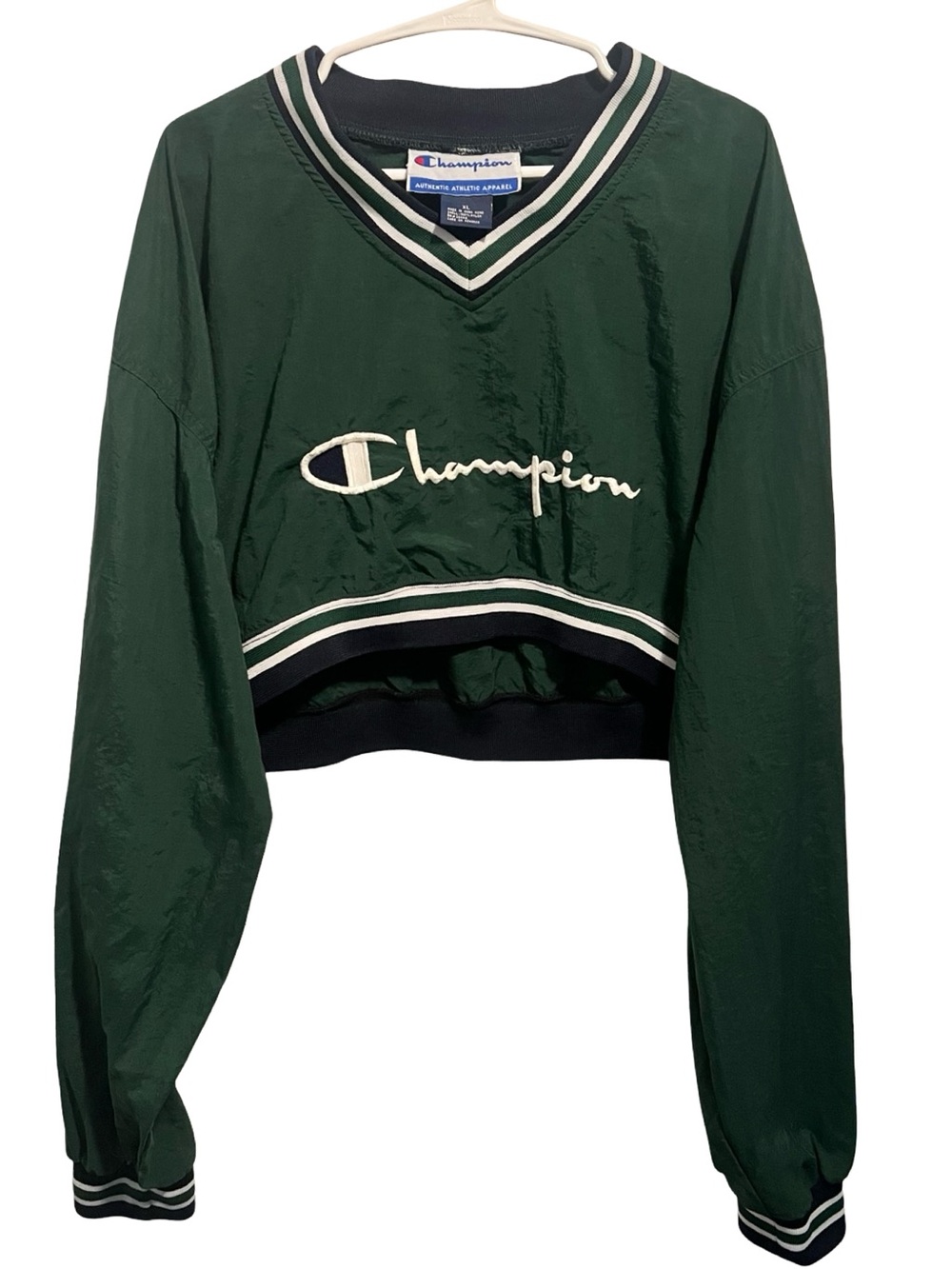 Vintage Champion Dark Green Cropped V-Neck Nylon Windbreaker White and Navy Trim